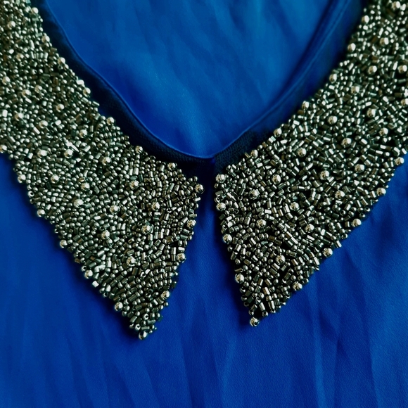 Kirra Beaded Peter Pan Collar Royal Blue Lightweight Retro Dressy Satin Tank - Picture 2 of 9